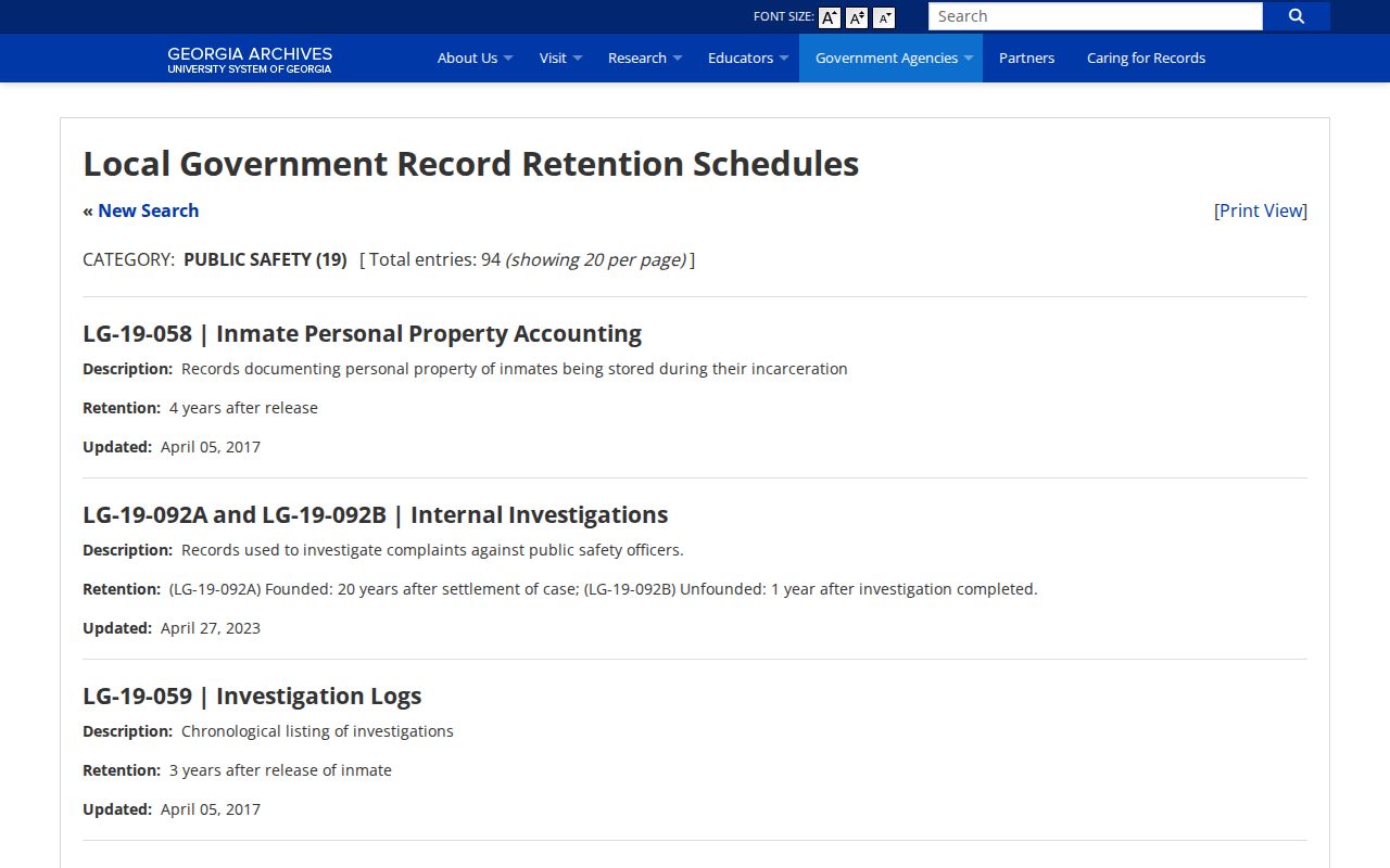 Georgia Archives jail booking record retention schedule for Wayne County