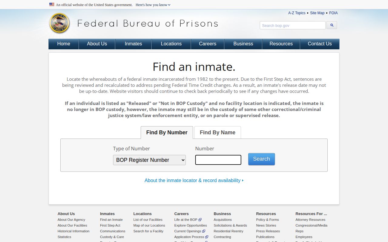 Federal Bureau of Prisons custody locator used only for federal Wayne County cases